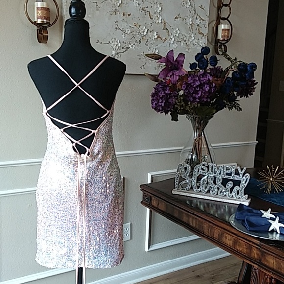 Eilly Bazar Embellished Light Pink Cocktail Mini Dress Size L - Picture 4 of 17